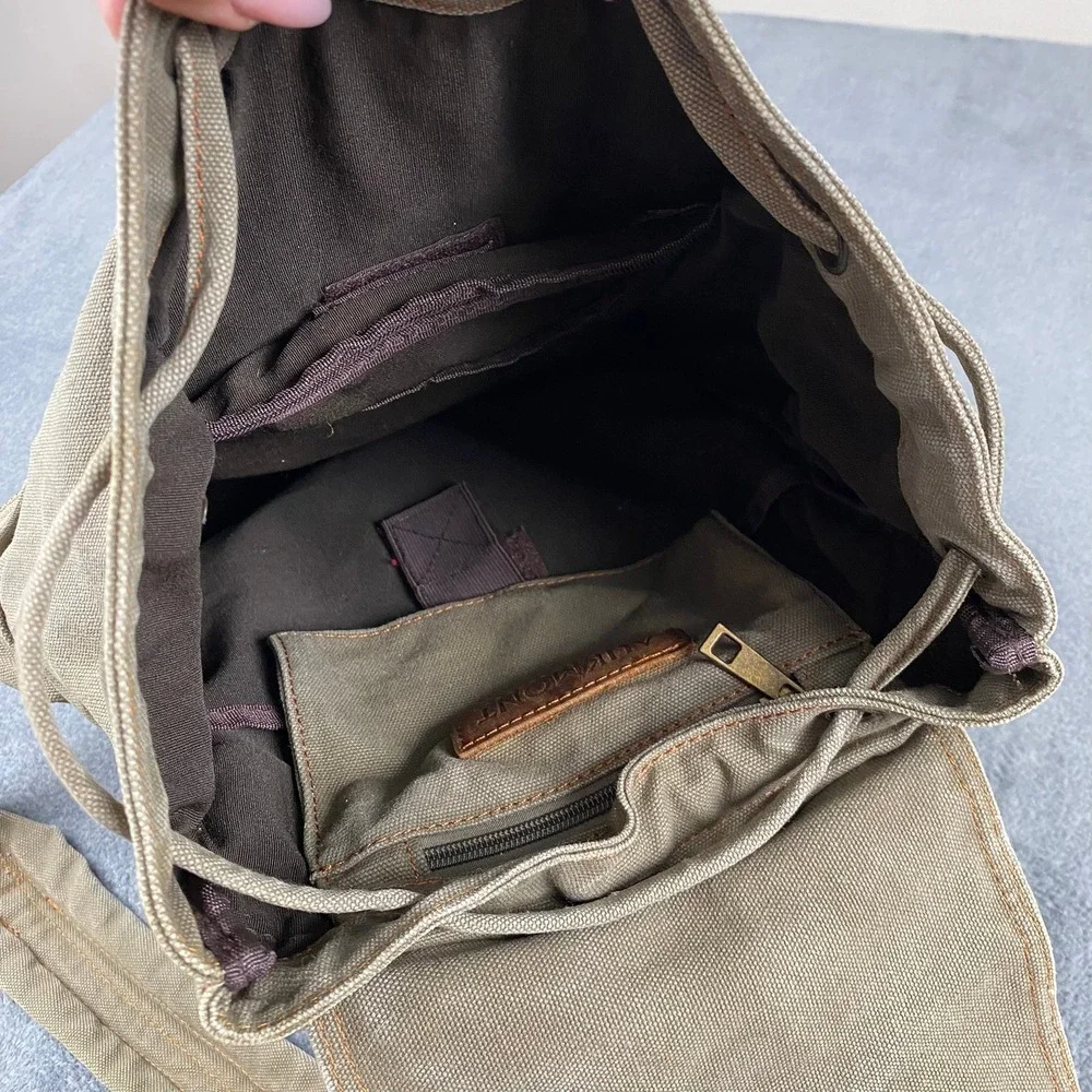 Aukmont Womens Large Backpack Olive Green Canvas Leather Straps Rucksack Vintage